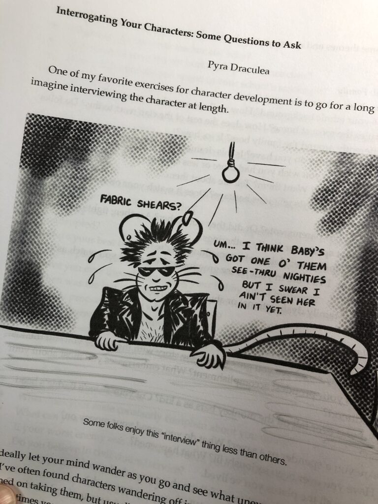 A pic of a booklet I did for my writers' group on characterization, featuring cartoons of Ricky.